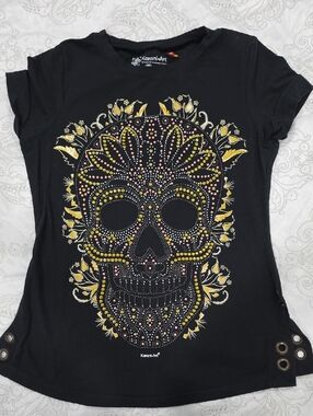 Black Short Sleeve Skull Tee with Gold & Pink Rhinestone Accent